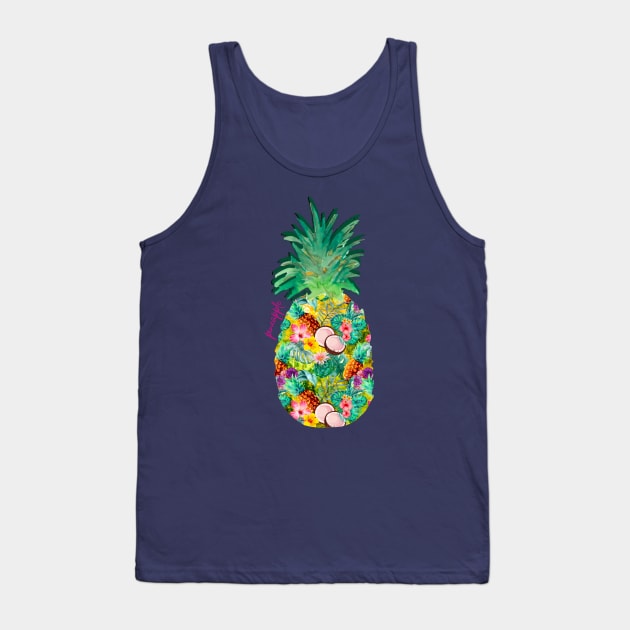 tropical pineapple exotic botanical illustration with floral tropical fruits, yellow fruit pattern over a Tank Top by Zeinab taha